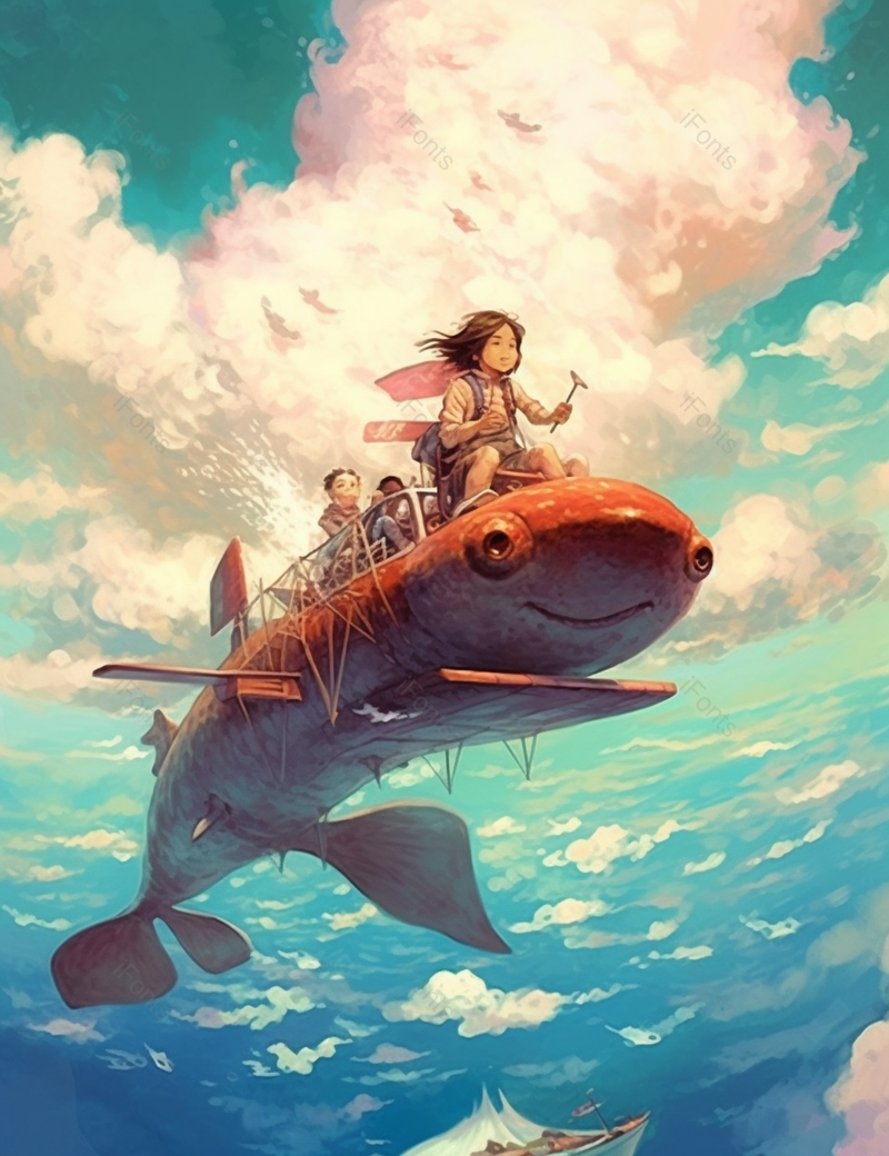 儿童节充满想象力童趣孩子们乘着红色鱼飞翔在蓝天碧海之上插画,插画/手绘图,插画/手绘图库,插画/手绘图下载,插画/手绘